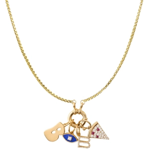 Detail of 18K gold-plated chain with polished B-letter and crystal eye pendants