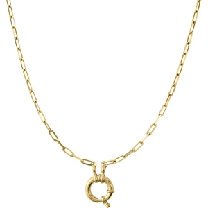 Close-up of 18K gold-plated paperclip chain necklace with a round spring buckle pendant