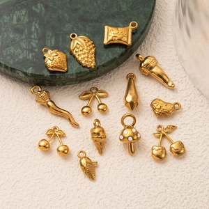 Golden 18K gold-plated stainless steel pendants in fruit and food shapes for DIY necklaces