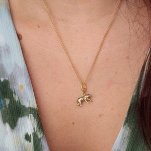 Detailopname van een 18K vergulde roestvrijstalen tijgerhanger aan een fijne ketting