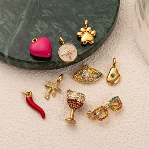 Creative 18K gold plated charms featuring heart, chili, and palm tree designs