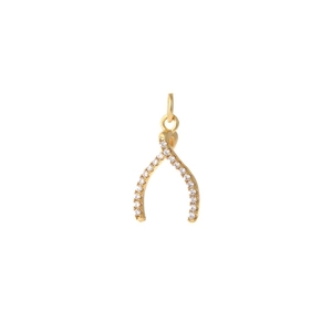 Macro shot of 18K gold plated wishbone pendant with inlaid white zircon stones