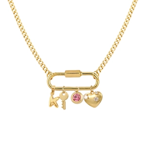 Close-up of gold stainless steel necklace with heart, key, and letter K charms