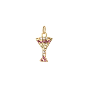 Macro view of a gold martini glass pendant with pink and yellow crystal stones