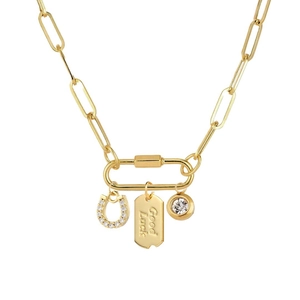 18K gold plated paperclip chain necklace with Good Luck plate and horseshoe pendant