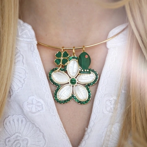 Marine charm necklace with shell flower, malachite clover and fish pendant on gold chain