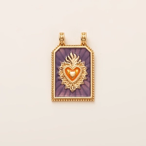 Vintage tarot style Sacred Heart pendant with purple enamel in polished titanium steel finish