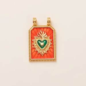 Retro tarot style rectangle necklace pendant with heart and flame in gold finish