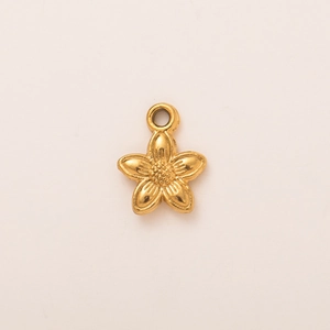Macro view of golden 18K gold plated flower pendant with textured center and top ring