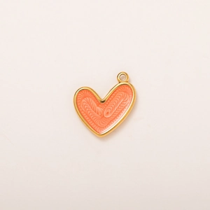 Pendentif cœur en acier inoxydable doré avec émail orange et motifs ondulés