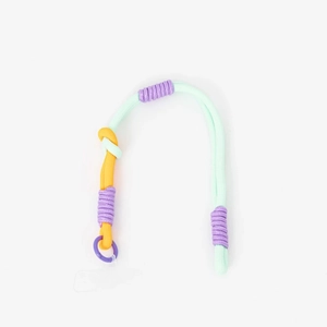 Detail of colorful braided cord keychain with purple ring and transparent phone connector