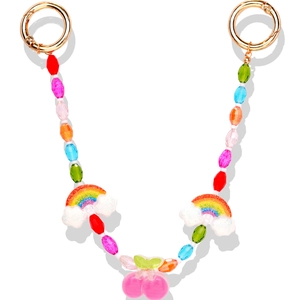 Detail der bunten Perlen-Taschenkette mit Regenbogen-, Kirsch-Anhängern und Goldverschlüssen
