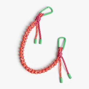 Detail of colorful hand-woven paracord keychain with sturdy green metal carabiner clips