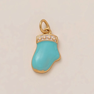 Detailed close-up of blue enamel boot charm with 18K gold plating and intricate metalwork