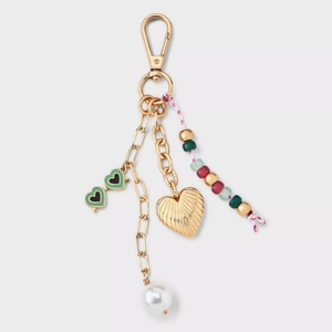 Fashionable 18K gold-plated heart keychain with green sunglasses and colorful beads