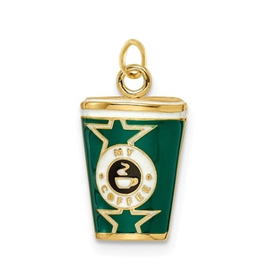 Vue détaillée du pendentif tasse à café en émail vert avec gravure MY COFFEE dorée