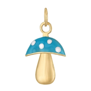 Détail du pendentif champignon en or 18 carats avec émail bleu et pois blancs
