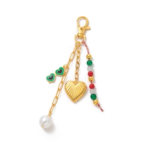 Porte-clés doré chic avec breloques cœur perlé et accessoire de corde perlé tissé