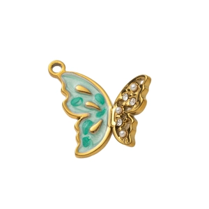Pendentif papillon plaqué or 18K avec émail vert, perles et strass incrustés