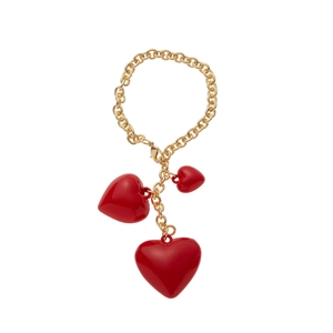 Golden chain accessory with three glossy red heart charms and lobster clasp
