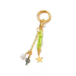 Detail of beaded keychain with green plastic chain, gold star, and cactus charm