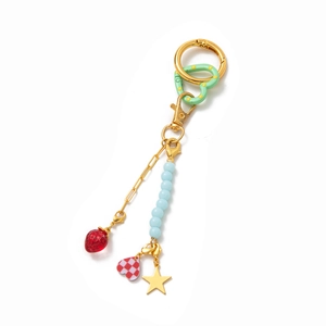 Fruity beaded keychain with red strawberry pendant and heart charm on gold metal ring