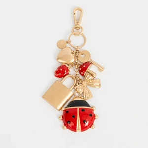 Porte-clés coccinelle avec breloques fraise et champignon en rouge et doré