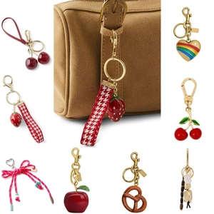Fashion Strawberry Cherry Apple Pretzel Bag Charm Keychain Women Copper Artificial Pearl Enamel Fruit Pendant Accessories