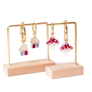 18K gold plated hoop earrings featuring handcrafted enamel house and mushroom charms
