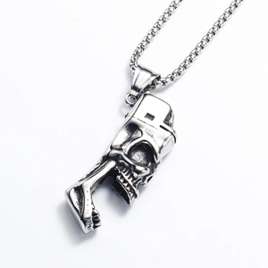 Industriële punk schedel zuiger hanger aan titanium stalen ketting voor heren zilver