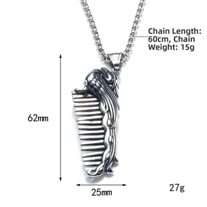 Collana con ciondolo a pettine vintage punk in acciaio inossidabile e catena da 60cm