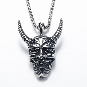 Vintage punk gothic demon skull pendant with long horns and box chain necklace