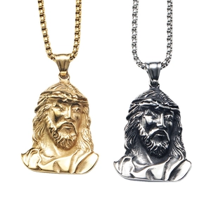 Men's Hip Hop Jesus Head Pendant Necklace Stainless Steel Punk Rock Jewelry Gold Silver Religious Christ Portrait Medal