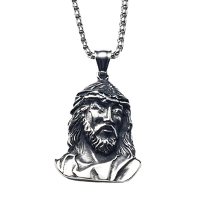 Gothic Jesus head pendant necklace in vintage silver steel with a classic bead chain