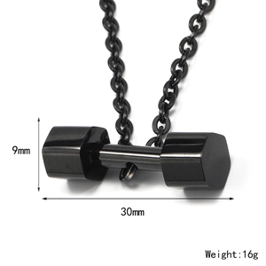 Men's black dumbbell pendant necklace in stainless steel with 30mm x 9mm dimensions