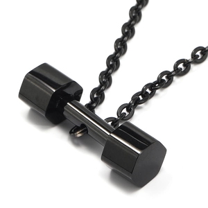 Polished black dumbbell pendant necklace in stainless steel with a sleek black chain