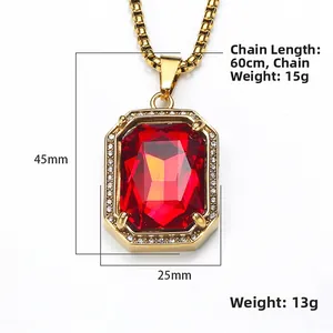 Hip hop gold necklace with large red square gemstone pendant and zircon accents