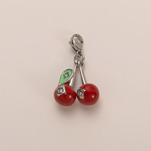 18K gold plated cherry pendant charm with red beads, green enamel leaf and lobster clasp