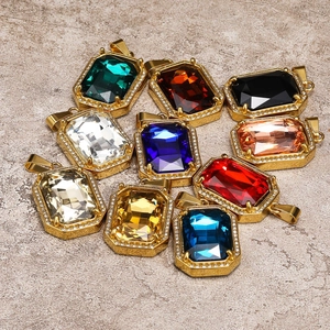 Stainless Steel Hip Hop Square Colorful Gemstone Pendant Necklace Luxury Zirconia Emerald Cut Halo Jewelry For Men Women