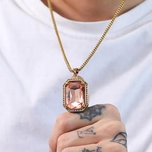 Hip hop square pink gemstone pendant with zircon halo on golden steel chain