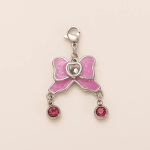 Pink glitter bow pendant with silver heart and crystal beads for jewelry or bags