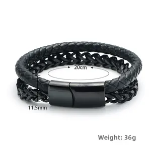 Men's double-layer black leather woven bracelet with stainless steel chain and magnetic clasp