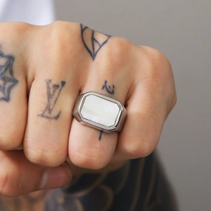 Modern silver titanium steel ring with a rectangular white shell inlay for unisex fashion