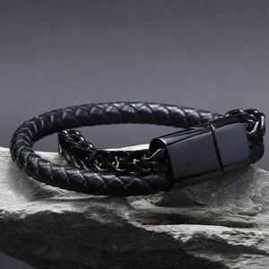 Fashion Men Braided Leather Bracelet With Stainless Steel Chain Industrial Punk Style Black Double Layer Magnetic Buckle