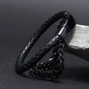Men's black braided leather and cuban chain bracelet combo with magnetic clasp
