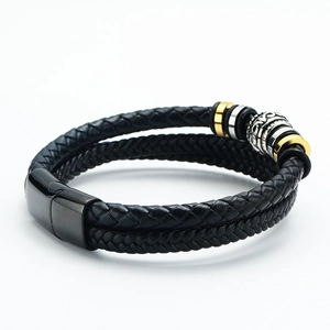 Herren Armband aus geflochtenem Leder mit Magnetverschluss und Vintage-Perlen
