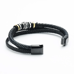 Ethno-geflochtenes zweilagiges Lederarmband mit Vintage-Metallperlen und Magnetverschluss