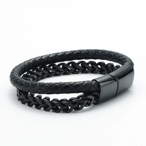 Men's double-layer black woven leather and titanium steel chain bracelet with magnetic clasp