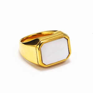 Fashionable gold titanium steel signet ring with white square shell inlay for men and women