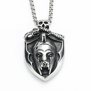 Vintage stainless steel shield pendant with pharaoh motif and silver square link chain